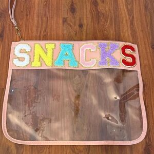 Large SNACKS Chenille letters vinyl clear snack bag pink lunch tote wristlet
